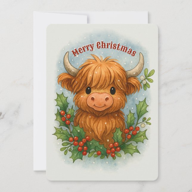 Cartão De Festividades Scottish Highland Cow Holly & Mistletoe Christmas (Frente)