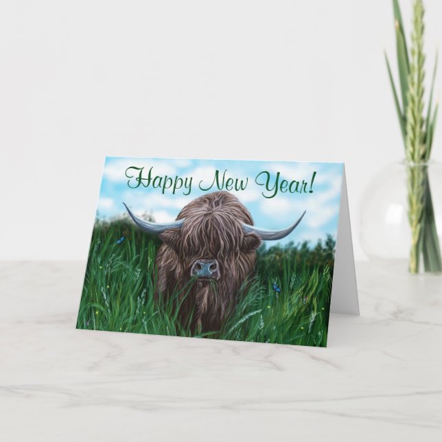 Cartão De Festividades Scottish Highland Cow Painting (Frente)
