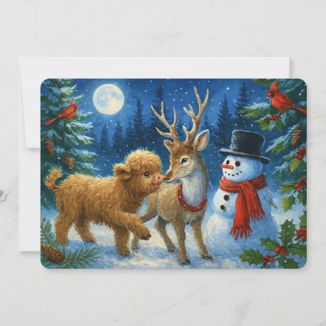 Cartão De Festividades Scottish Highland Cow Reindeer & Snowman Christmas (Frente)