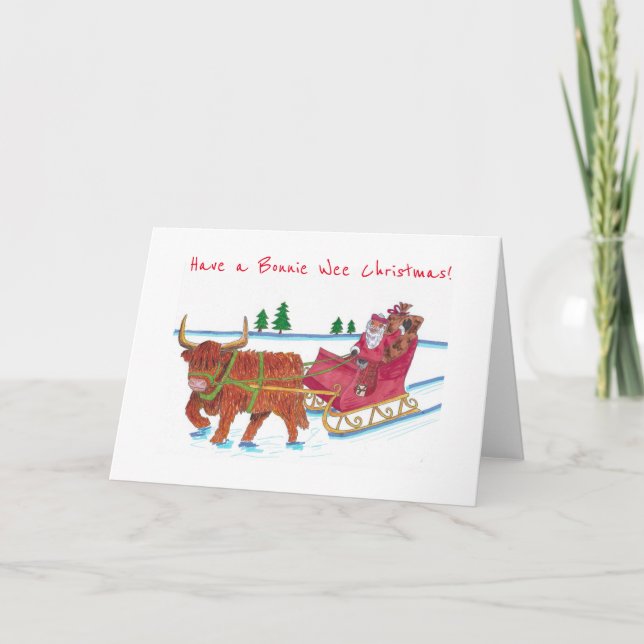 Cartão De Festividades Scottish Santa with Highland Cow pulling sleigh (Frente)