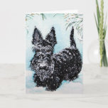 Cartão De Festividades Scottish Terrier in Winter "Nora"<br><div class="desc">Presenting a  wee Scottish Terrier in Winter.  Nora stands in falling snow debating her next move.  The inscription reads "Merry Christmas".  A beautiful holiday Scottie to warm your heart this Christmas Season. Original painting of a beloved pet by Cherry O'Neill exclusively for Tailendproductions.com.</div>