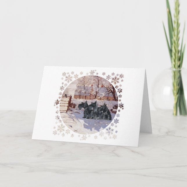 Cartão De Festividades Scottish Terriers Winter Magpie (Frente)