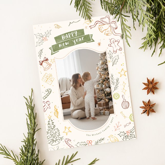 Cartão De Festividades Scribble Doodle Whimsical Family Christmas Photo (Criador carregado)