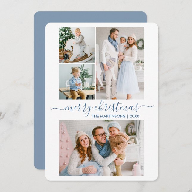Cartão De Festividades Script de Caligrafia Moderna 4 Foto Azul de Natal (Frente/Verso)