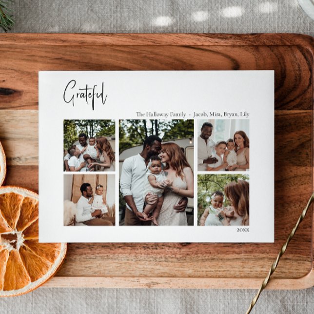 Cartão De Festividades Script de Natal Moderno Grateful Cinco Foto (Criador carregado)