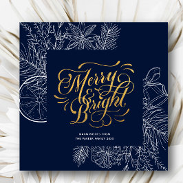 Cartão De Festividades Script Dourado Floral de Tocha Azul de Marinho Mod