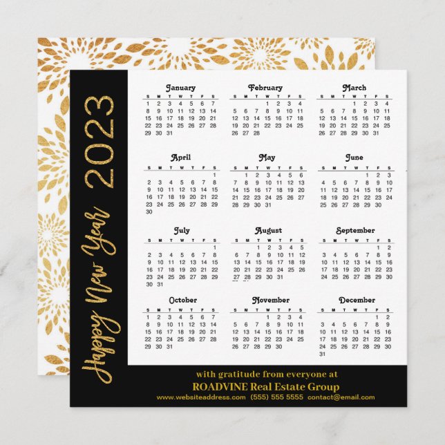 Cartão De Festividades Script Dourado moderno do calendário de 2023 em ne (Frente/Verso)