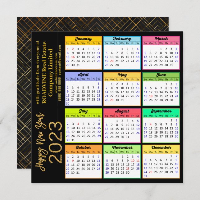 Cartão De Festividades Script Dourado moderno do calendário de 2023 em ne (Frente/Verso)