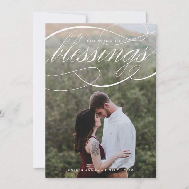 Cartão De Festividades Script Elegante Contando Nossa Foto De Bençãos (Frente)