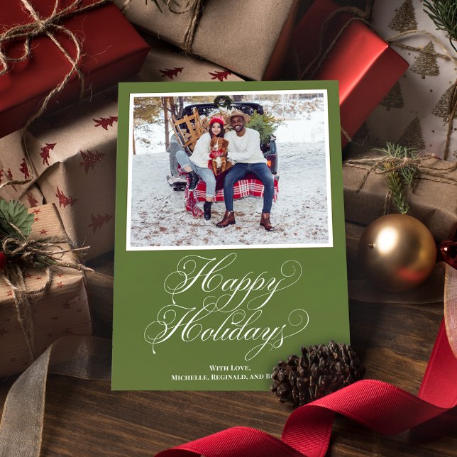 Cartão De Festividades Script Elegante de Feriados Felizes Verdes (Happy Holidays Green calligraphy script photo card.)