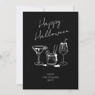 Cartão De Festividades Script Estiloso Preto Coquetéis Feliz Halloween