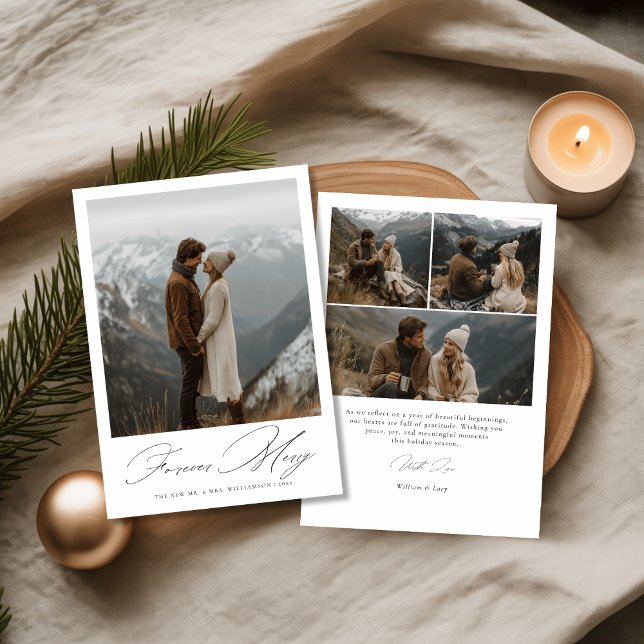 Cartão De Festividades Script Forever Merry Newlywed Wedding Photo (Criador carregado)