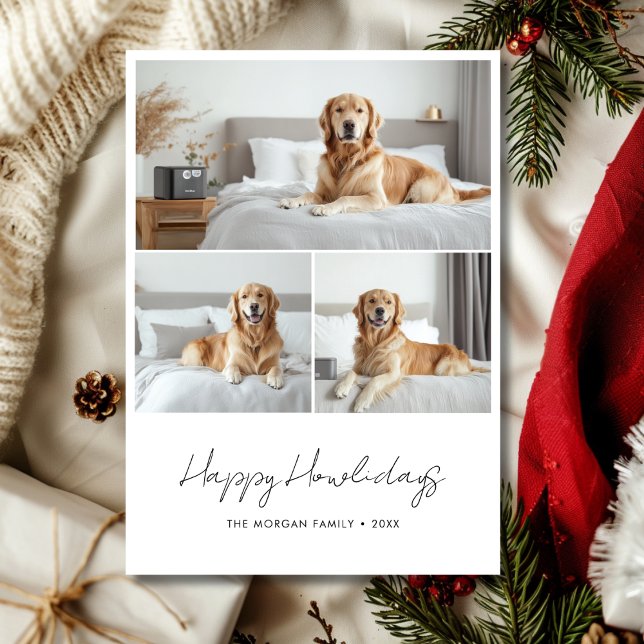 Cartão De Festividades Script Happy Howlidays Pet Christmas Puppies Photo (Criador carregado)