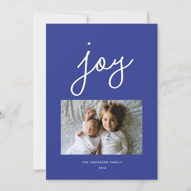 Cartão De Festividades Script Joy Azul Moderno Foto Personalizada (Frente)