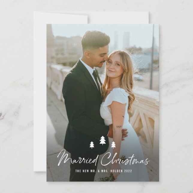 Cartão De Festividades Script Married Christmas Trees Wedding Photo (Frente)