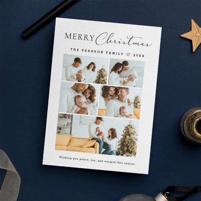 Cartão De Festividades Script Merry Christmas Multi Photo Grid Modern (Merry Christmas, minimalist, modern typography script, photo collage family holiday card.)