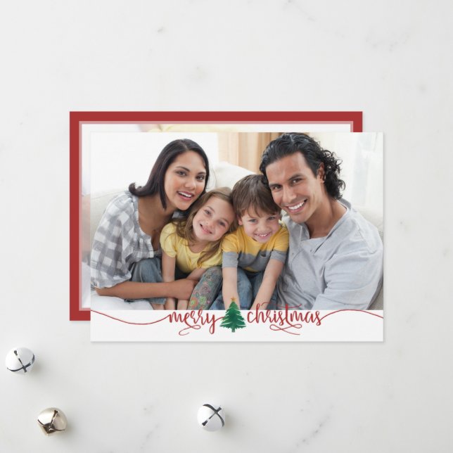 Cartão De Festividades Script Merry Christmas Tree Red Green 2 Photo (Frente/Verso In Situ)