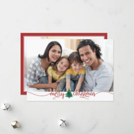 Cartão De Festividades Script Merry Christmas Tree Red Green 2 Photo
