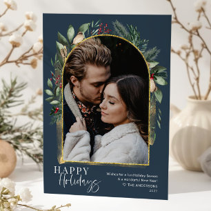 Cartão De Festividades Script Moderno Arco de Verdor Navy Dourado Foto