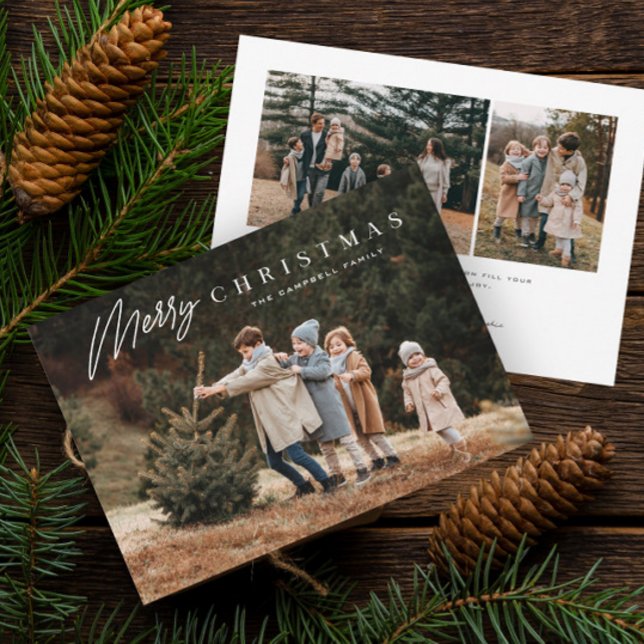 Cartão De Festividades Script Simples Feliz Natal 3 Foto  (Simple script merry christmas full bleed photo christmas holiday card.)