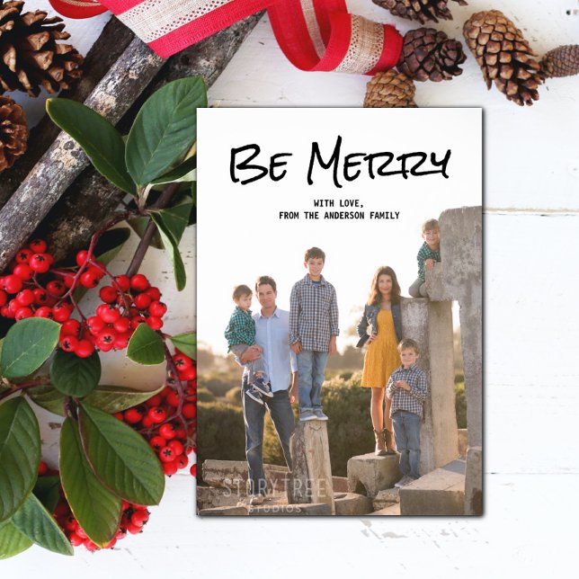 Cartão De Festividades Script Simples Preto Ser Placa Plana de Fotografia (Black Simple Script Be Merry Holiday Photo Card)