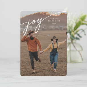 Cartão De Festividades Script Tipográfico Branco Elegante 'Joy'