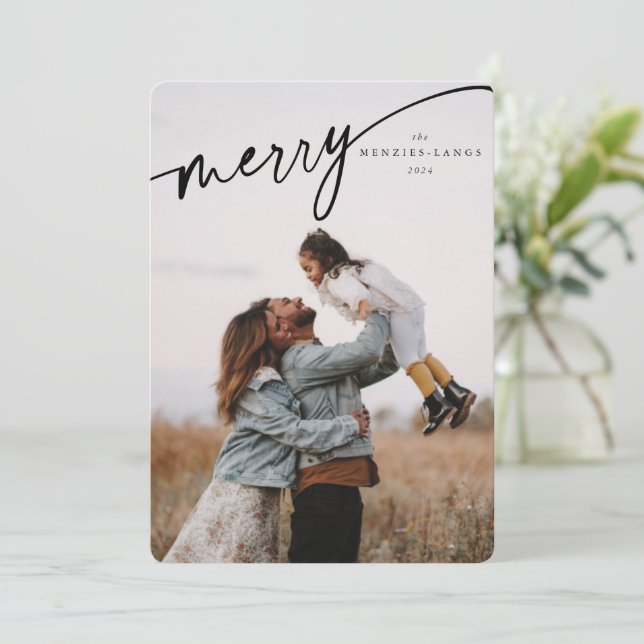 Cartão De Festividades Script Tipográfico Preto-Feliz Elegante (Em pé/Frente)