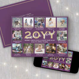 Cartão De Festividades Script What a Year! 12 Photo Collage Purple & Gold