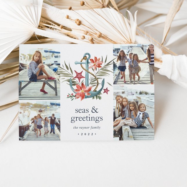 Cartão De Festividades Seaside | Coastal Holiday Photo Collage Card (Criador carregado)