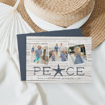 Cartão De Festividades Seaside Peace | Holiday Photo Collage Card<br><div class="desc">Beachy holiday photo card with a rustic flair features three square photos in a collage layout on a light wood plank background, with "peace" beneath in soft navy blue lettering. A starfish takes the place of the letter "A" for a cute coastal touch. Personalize with your names, the year, and...</div>