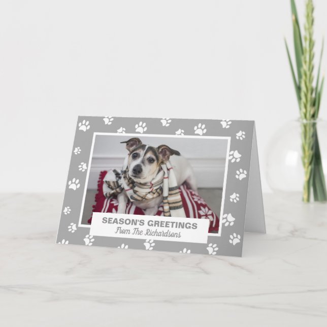 Cartão De Festividades Season's Greetings Dog Paw Prints Pet Photo (Frente)