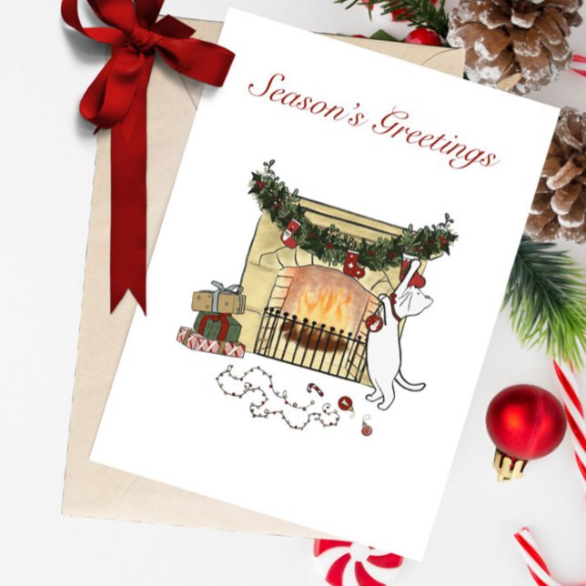 Cartão De Festividades Season's Greetings Fireplace Cat Greeting Card (Criador carregado)