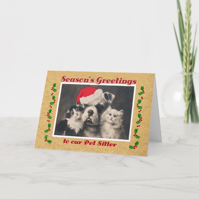 Cartão De Festividades Season's Greetings for Pet Sitter Bulldog and Cat (Frente)