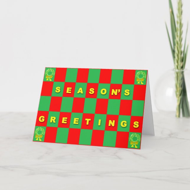 Cartão De Festividades Season's Greetings on Red & Green Check Card (Frente)