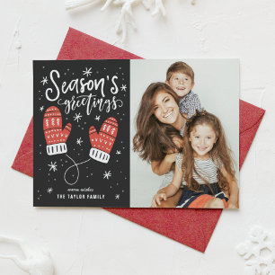 Cartão De Festividades Season's Greetings Red Mittens Holiday Photo Card