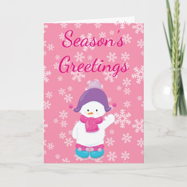 Cartão De Festividades Season's Greetings Snow man Pink (Frente)