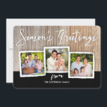 Cartão De Festividades Season's Greetings Woodgrain Photo Collage Card<br><div class="desc">A modern rustic design of lovely typography that reads "Season's Greetings" and features a framed collage of three photos of your happy family set on a faux wood grain background on the front. On the back, a full size photo is suitable for framing. A beautiful, contemporary card for any holiday...</div>