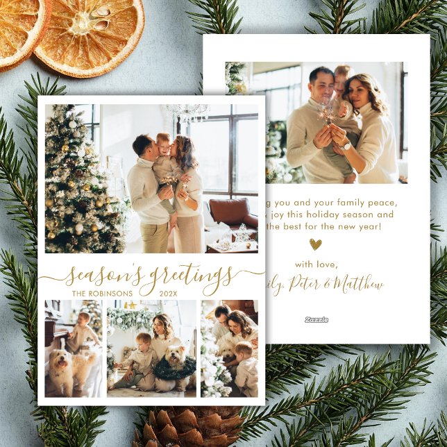Cartão De Festividades Seasons Saudações Dourado Script 4 Foto Natal (Criador carregado)
