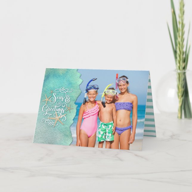 Cartão De Festividades SEAsons Tropicais Saudações 2 Fotografias Watercol (Frente)