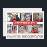 Cartão De Festividades Seis vermelhos das fotos e feriado moderno do<br><div class="desc">Seis vermelhos das fotos, o ouro e o cartão com fotos liso boas festas do Natal elegante moderno branco que caracteriza seis fotos de família nos quadros com esboço do ouro, um quadro vermelho com esboço branco com o texto "boas festas", o texto "maio sua época natalícia sejam enchidos com...</div>