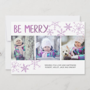 Cartão De Festividades Seja Feliz Roxo Flocos de Neve Três Colagem Fotog