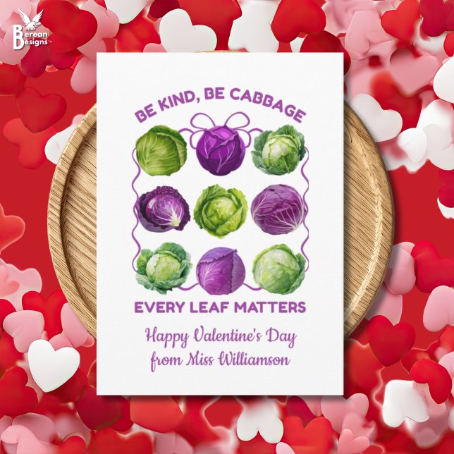 Cartão De Festividades SEJA GENTIL REPOLHO Professor(a) de Classe Inclusi (BE KIND, BE CABBAGE Class Valentine Inclusive Teacher card with personalized teacher name.)