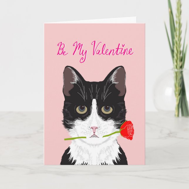 Cartão De Festividades Seja meu Namorados - Tuxedo cat com rosa card (Frente)