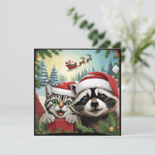 Cartão De Festividades Selfie de Gato Com o Trenó do Papai Noel Mapache E