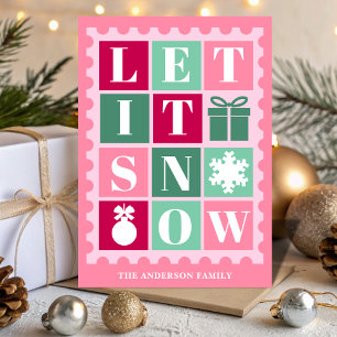 Cartão De Festividades Selo de Correio de Natal Pink Retro Let It Snow