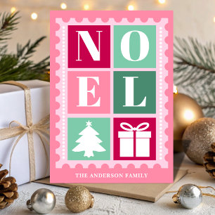 Cartão De Festividades Selo de Correio de Natal Pink Retro Noel