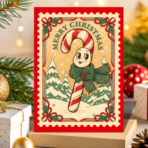 Cartão De Festividades Selo de Natal com Cana de Açúcar Retro