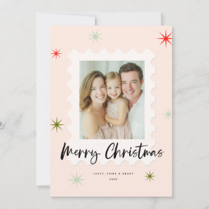 Cartão De Festividades Selo de Natal Rosa e Verde design clássico