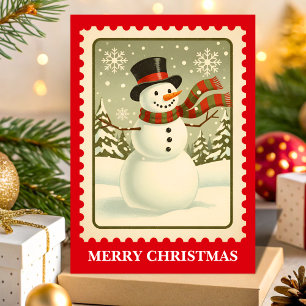 Cartão De Festividades Selo Postal de Natal do Boneco de Neve Retrô