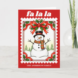 Cartão De Festividades Selo Postal de Natal do Boneco de Neve Retro Fa La